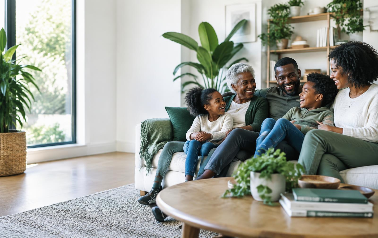 A family relaxing together in a bright, welcoming home
